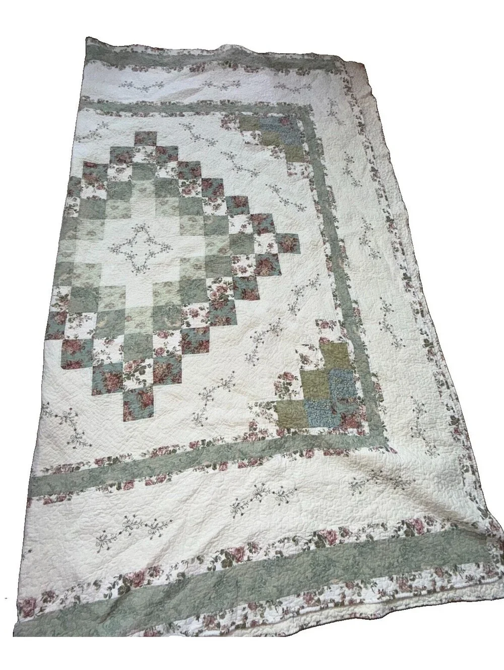Vintage Queen Cotton Quilt, bedspread Embroidery Flowers, cottagecore, country
